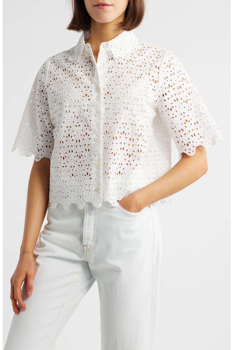 The Deco Cotton Eyelet Button-Up Shirt, Main, color, WHITE