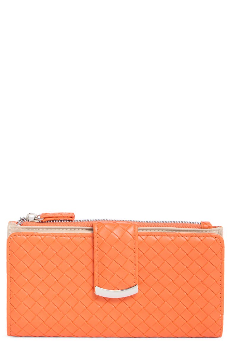 MUNDI SMALL LEATHER GOODS Lottie Woven Faux Leather Clutch, Main, color, Hot Orange