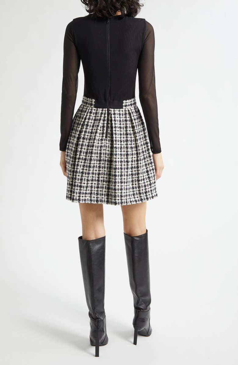 Alice + Olivia Chara Long Sleeve Mixed Media Party Dress, Alternate, color, Black/ Off White