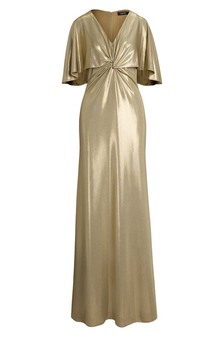 Metallic Cape Overlay Jersey Column Gown, Alternate, color, MEDIUM PEWTER/ GOLD FOIL