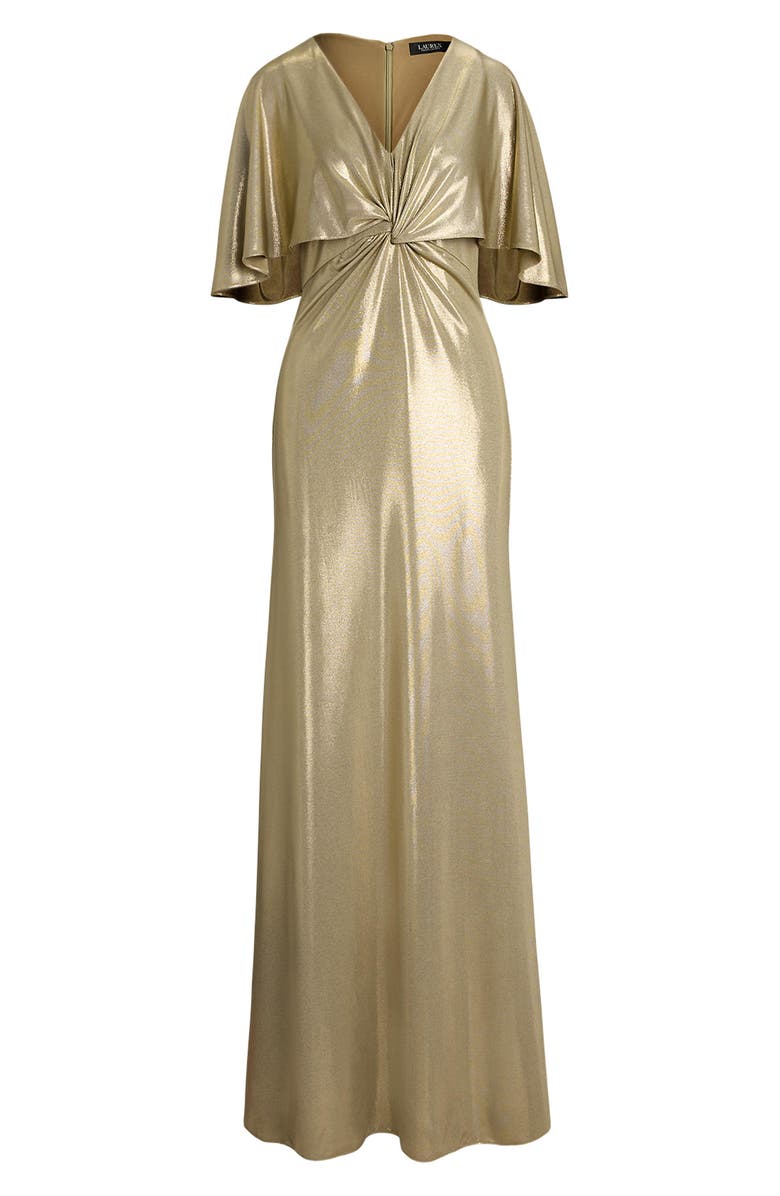Lauren Ralph Lauren Metallic Cape Overlay Jersey Column Gown, Alternate, color, Medium Pewter/ Gold Foil