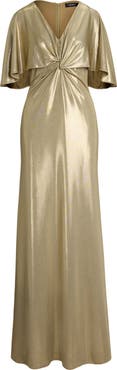 Lauren Ralph Lauren Metallic Cape Overlay Jersey Column Gown