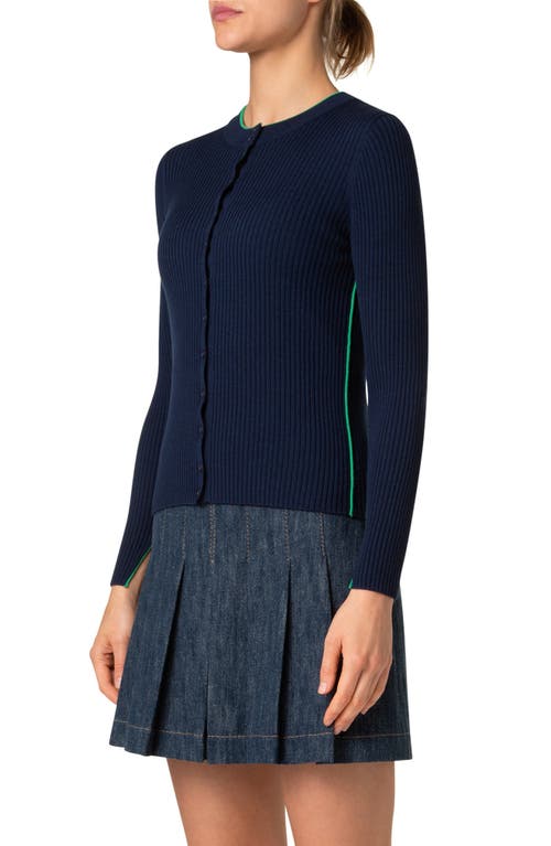 Akris Punto Ribbed Wool Cardigan With Contrast Piping In Navy-sea Green