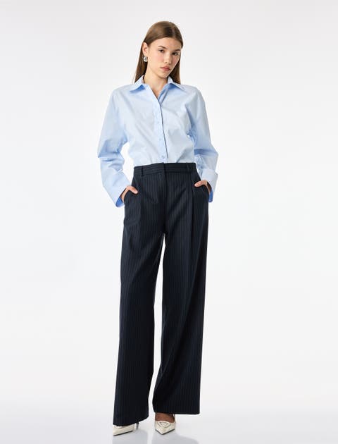 Wide Leg Pinstripe Tailored Trousers with Pockets