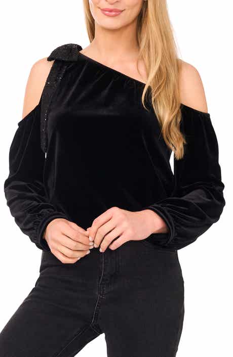 CeCe One-Shoulder Sequin Bow Velvet Top
