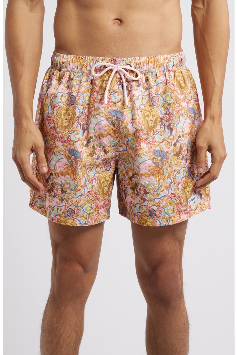 Leo Lion Print Premium Mid Length Swim Trunks, Main, color, PINK