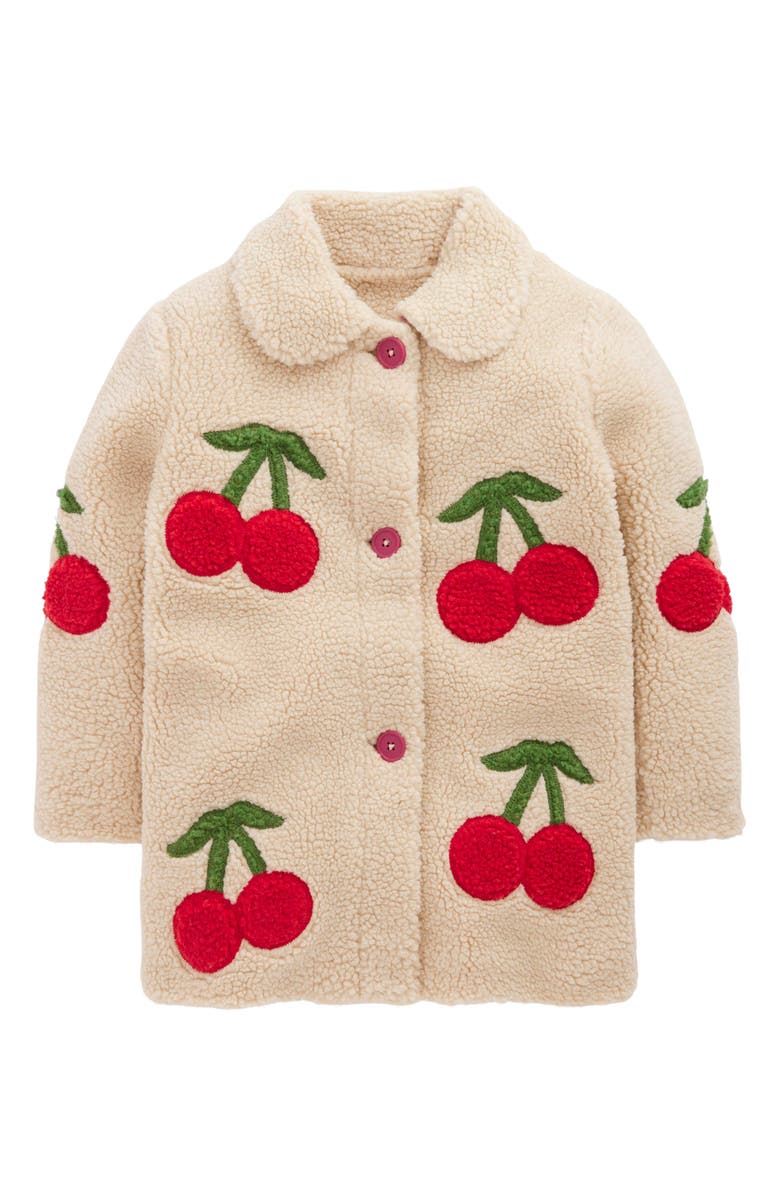Mini Boden Kids' Cherry Appliqué Fleece Button-Up Coat, Main, color, Cherry Applique