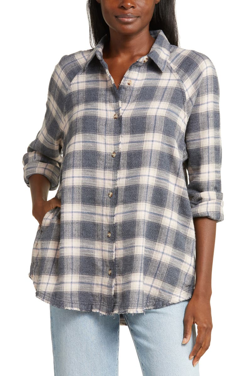 Lucky Brand Distressed Oversize Plaid Cotton Flannel Button-Up Shirt, Main, color, 