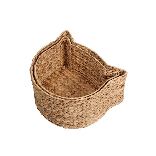 The Licker Store Felix Cat-shaped Hand Woven Water Hyacinth Nesting Pet Toy Organizer Baskets In Brown
