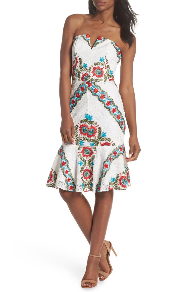Hailey Embroidered Strapless Lace Dress, Main, color, WHITE MULTI