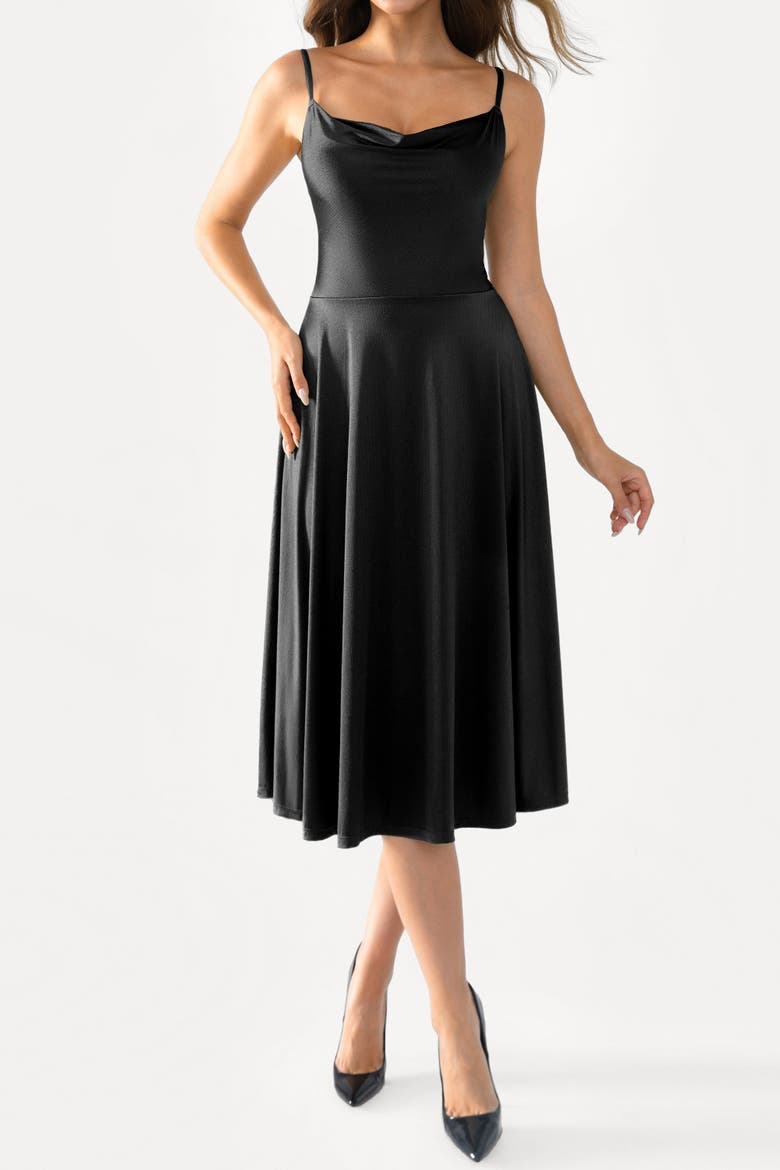 Shapewear Strappy Cowl Neck Vacation & Date Night Fit & Flare Midi Dress, Alternate, color, Midnight Black
