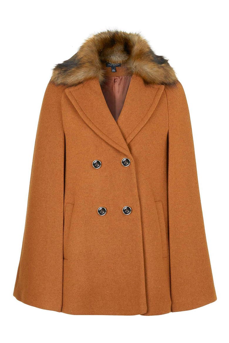 Faux Fur Double Breasted Cape, Alternate, color, BROWN MULTI