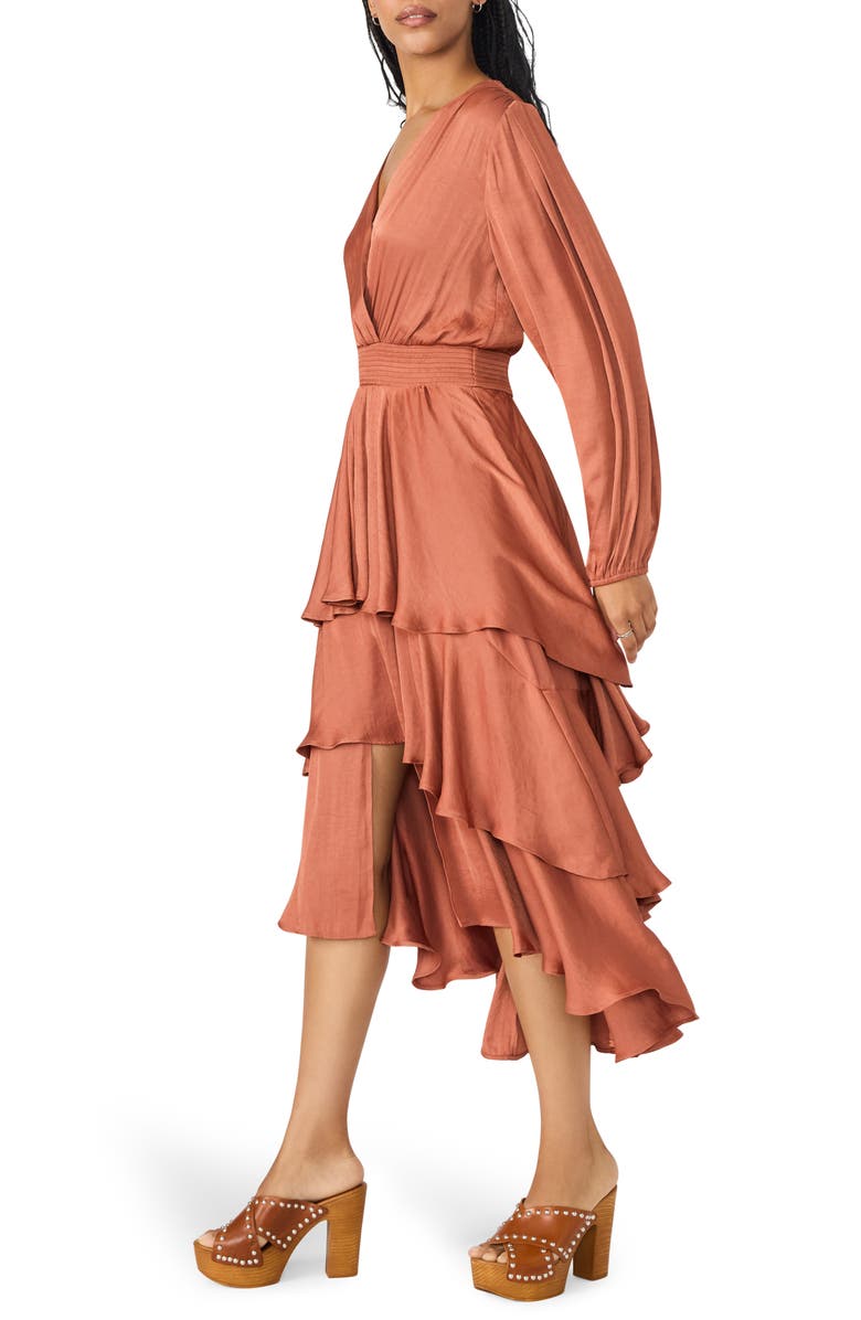 Steve Madden Bei Long Sleeve Tiered Satin Midi Dress, Alternate, color, Copper Brown
