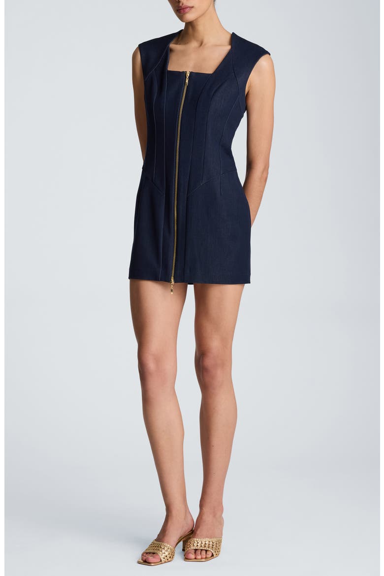 Panelled Front Zip Minidress, Main, color, INDIGO FAUX DENIM