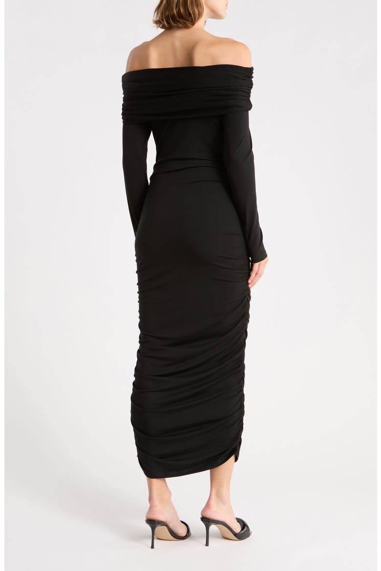 Tinette Ruched Off the Shoulder Midi Dress, Alternate, color, BLACK
