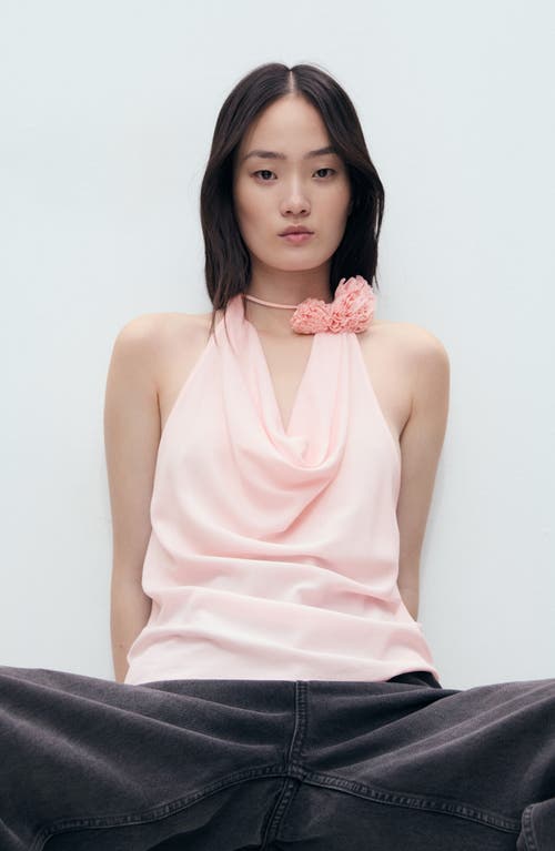 Mango Halter Drape Neck Top With 3d Floral In Pink