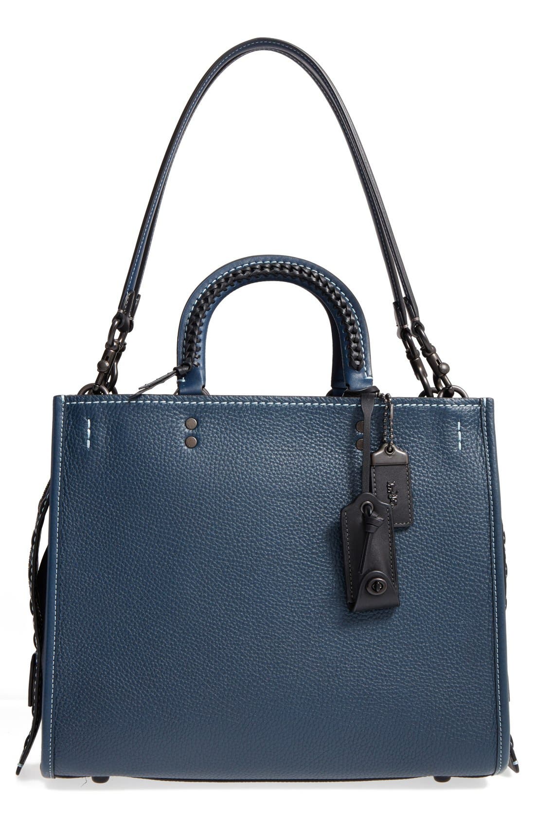 Embellished Handle Rogue Leather Satchel, Main, color, PRUSSIAN/ BLACK