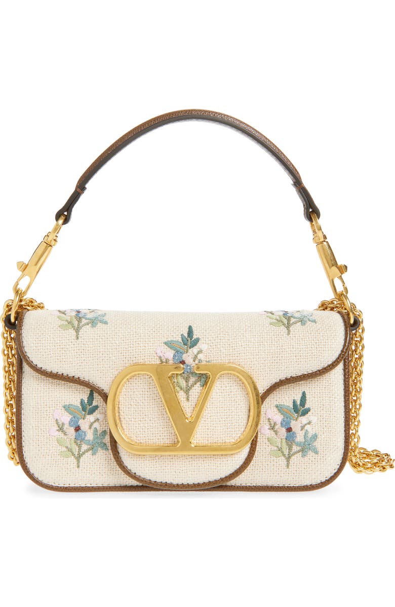Valentino Garavani Small Locò Embroidered Linen Shoulder Bag, Main, color, Beige Multi