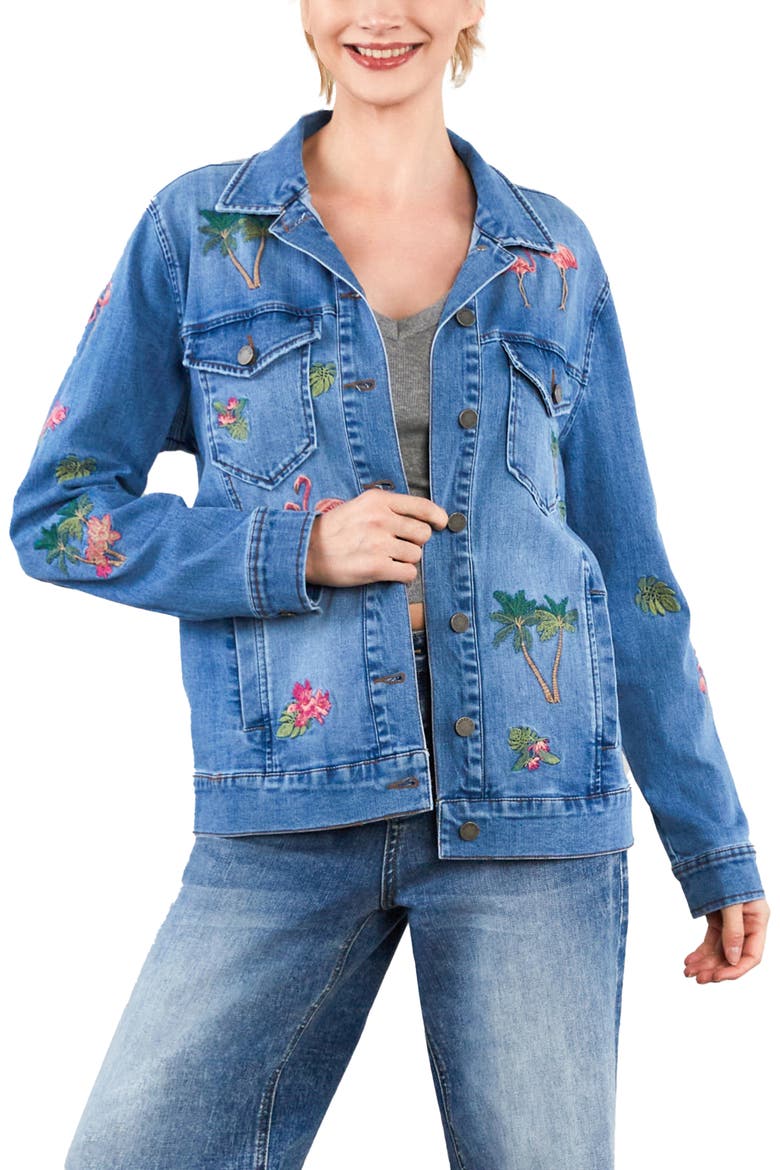 Flamingo Embroidery Denim Trucker Jacket, Alternate, color, DENIM