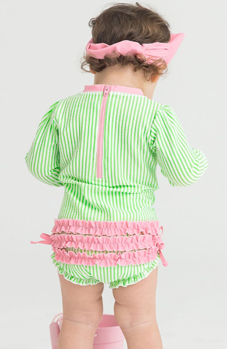 RuffleButts Seersucker One-Piece Rashguard Swimsuit & Sun Hat Set, Alternate, color, 
