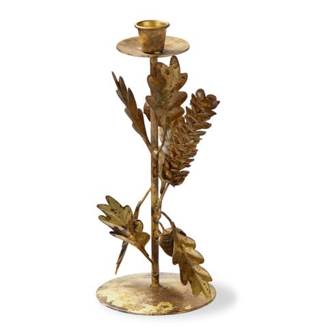 Large Oak Leaf Acorn Taper Candle Holder Antique Brass Gold