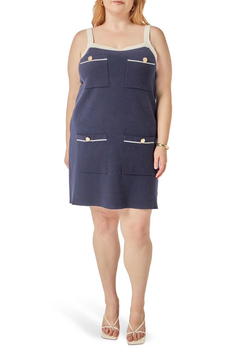 Contrast Trim Patch Pocket Dress, Main, color, NAVY/ WHITE