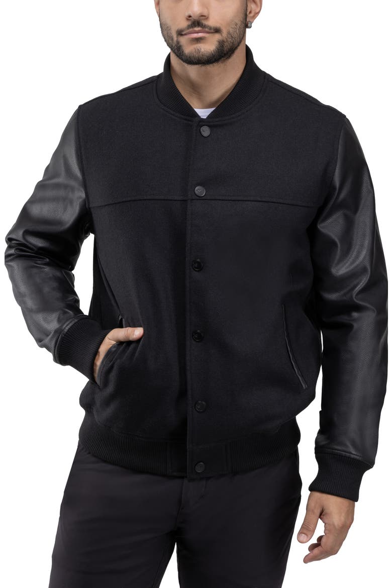 Mixed Media Faux Leather Bomber Jacket, Main, color, BLACK/ BLACK