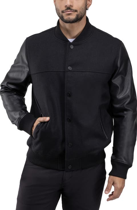 Mixed Media Faux Leather Bomber Jacket