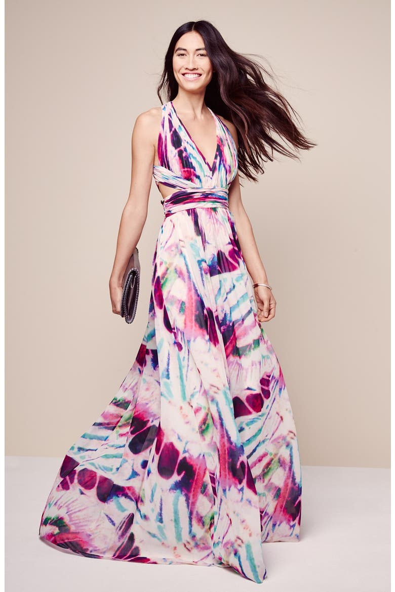 Print Chiffon Open Back Gown, Alternate, color, PINK MULTI