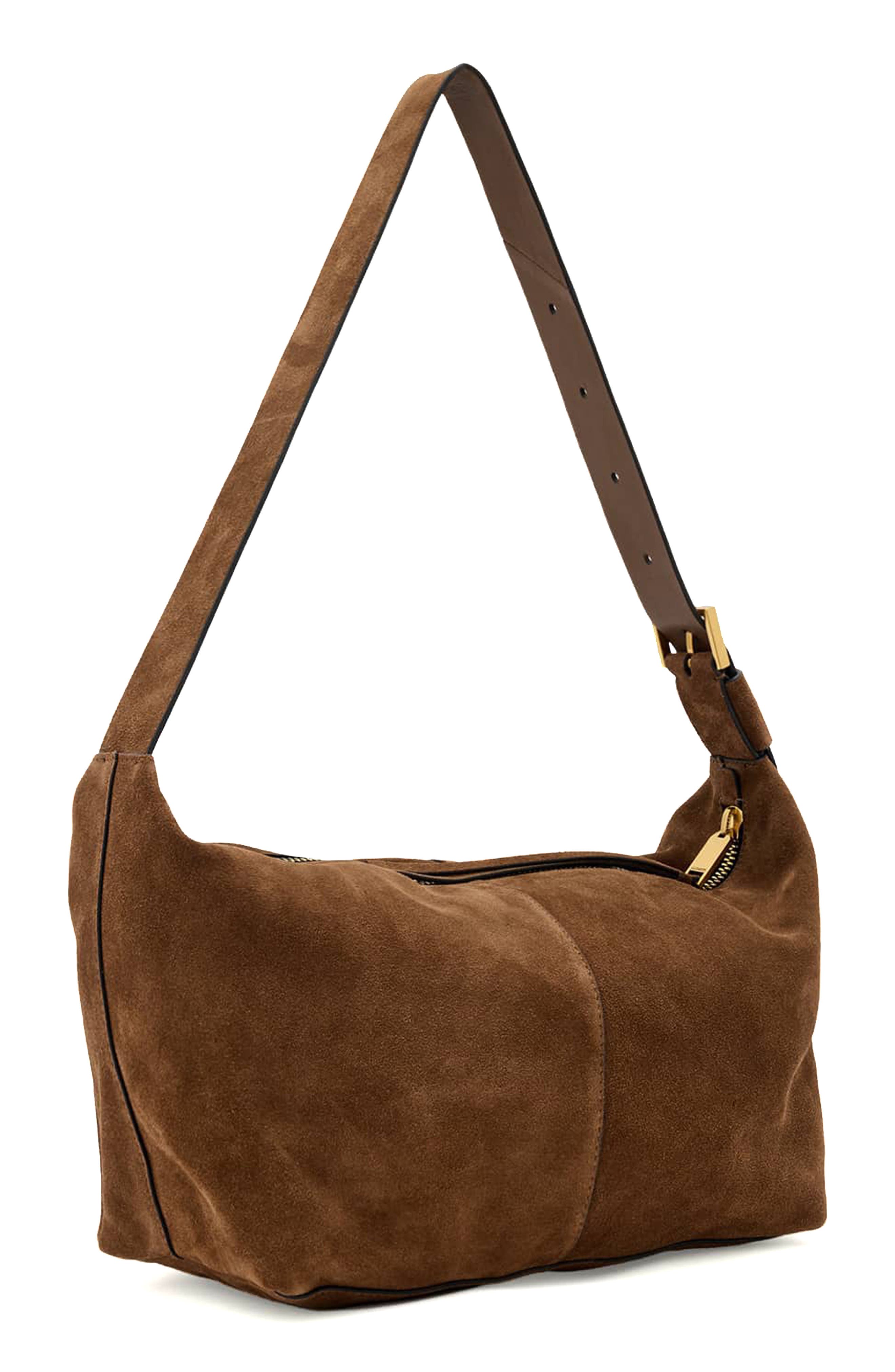 AllSaints Jean Rey Suede Shoulder Bag, Alternate, color, Sugar Brown