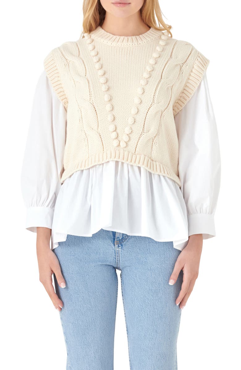 English Factory Mixed Media Cable Stitch Sweater, Main, color, Cream/ White
