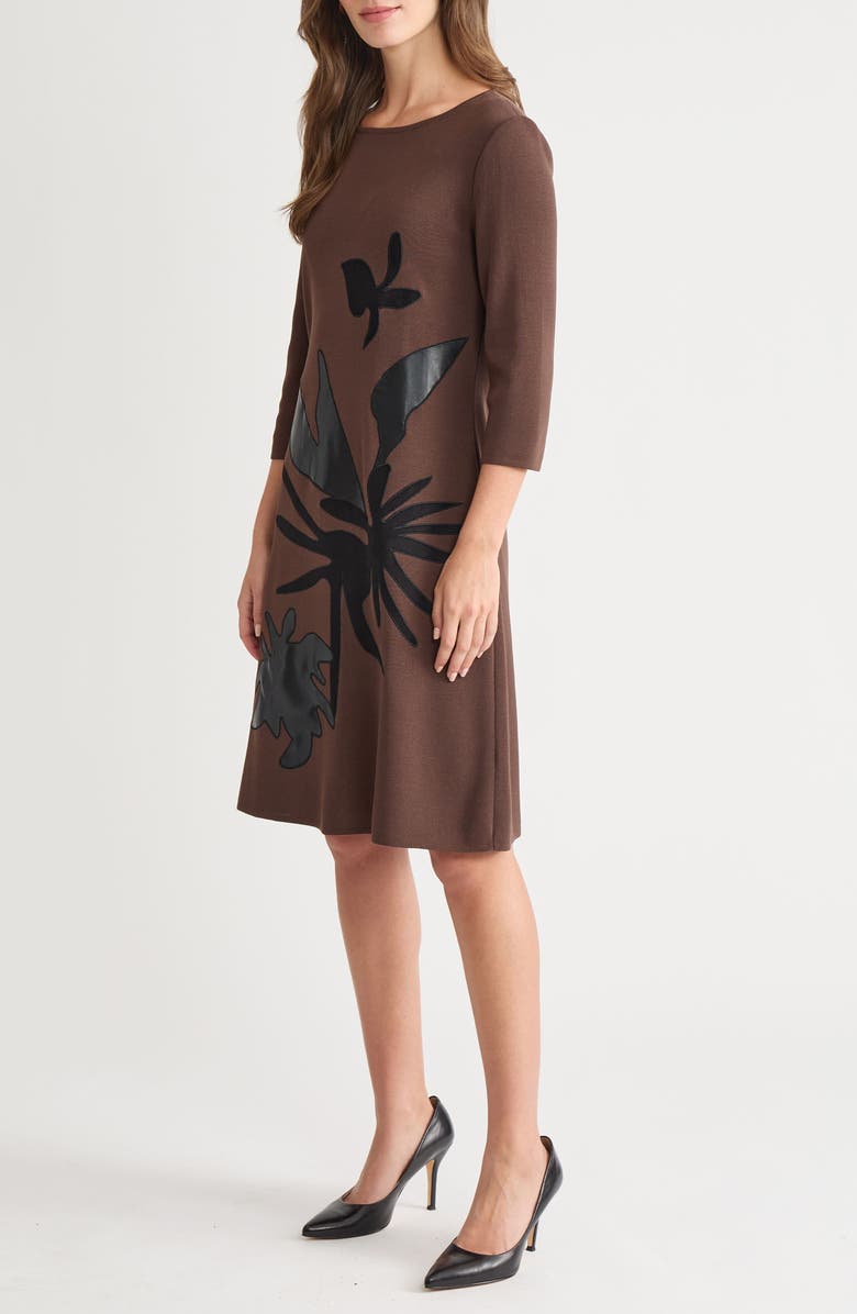 Ming Wang Botanical Appliqué Knit Shift Dress, Alternate, color, Dark Umber/ Black