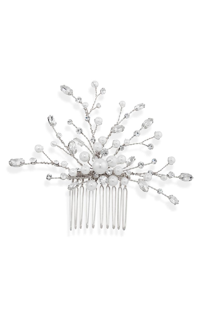 Brides & Hairpins Ziva Austrian Crystal & Faux Pearl Hair Comb, Main, color, Silver