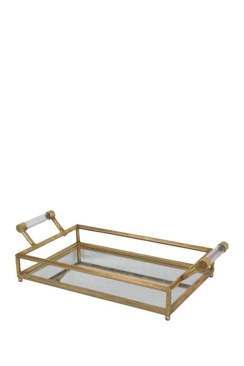 Goldtone Metal Mirrored Tray with Acrylic Handles, Main, color, GOLD