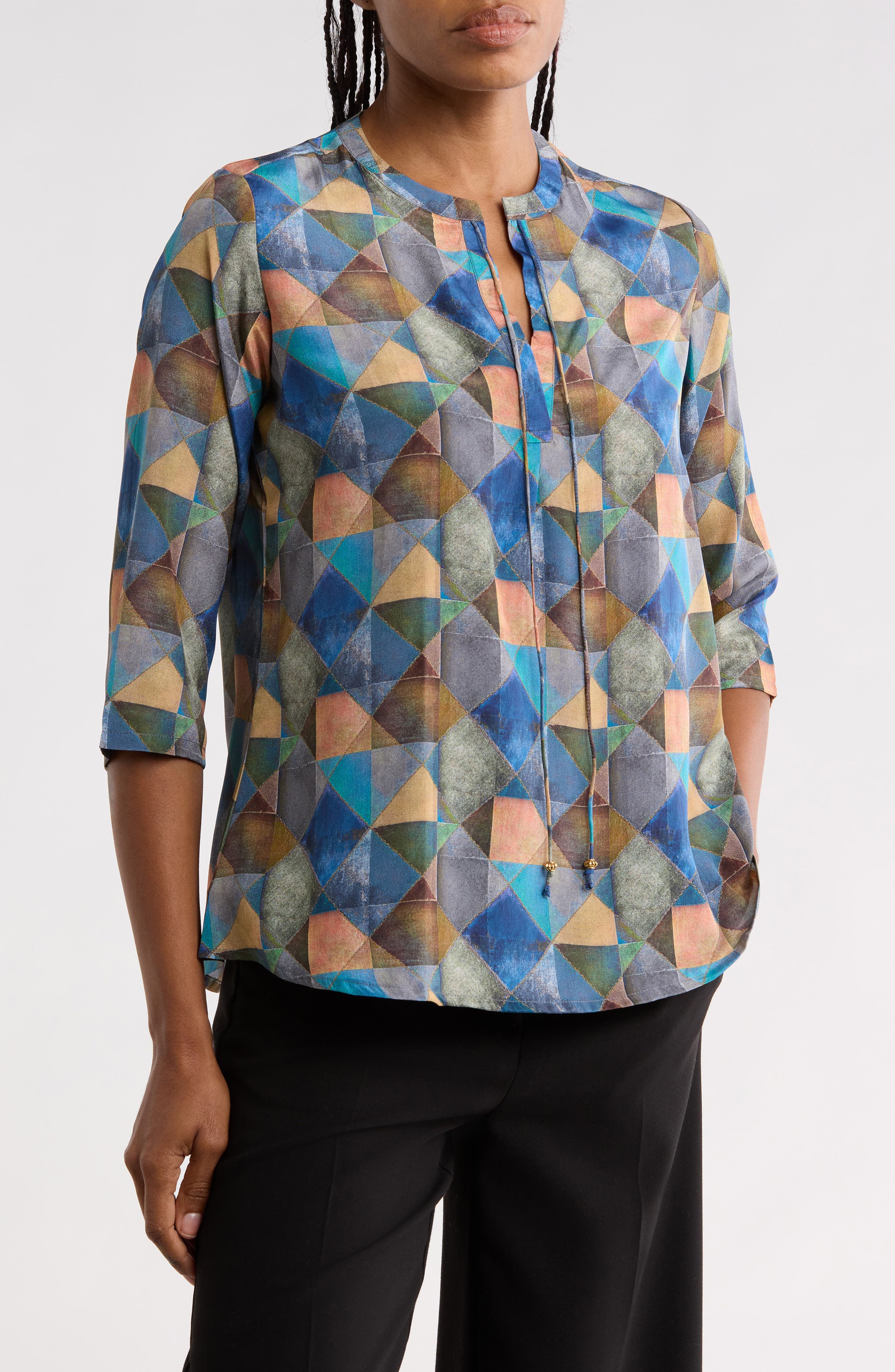 Geometric Print Mandarin Collar Shift Top