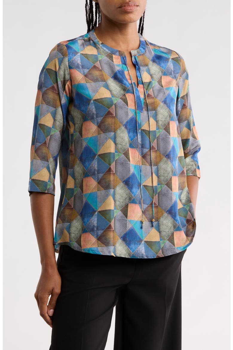 Geometric Print Mandarin Collar Shift Top, Main, color, BLUE/ ORANGE MULTI
