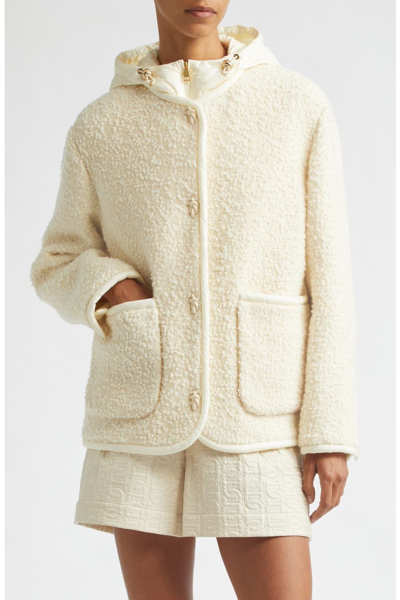 Hylesine Hooded Wool & Cotton Blend Bouclé Coat, Main, color, WHITE