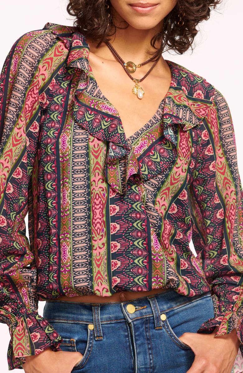 Ramy Brook Scout Ikat Print Long Sleeve Cotton & Silk Top, Alternate, color, Navy Ikat