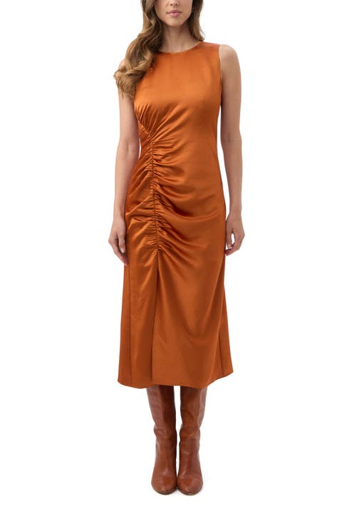 Chestnut Ruched Satin Midi Dress