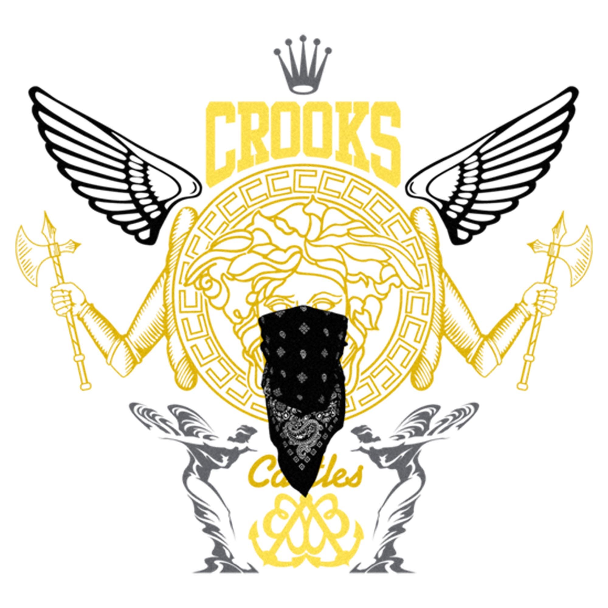 Crooks & Castles Men's Abstract Medusa Yellow and Black Logo Short ...