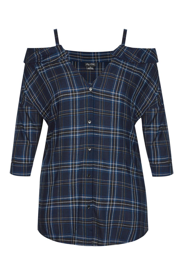 Chic Chic Reality Check Cold Shoulder Top, Alternate, color, NAVY/ BLUE CHECK