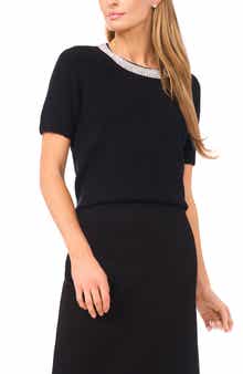Halogen® Rhinestone Collar Short Sleeve Sweater