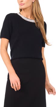Halogen® Rhinestone Collar Short Sleeve Sweater