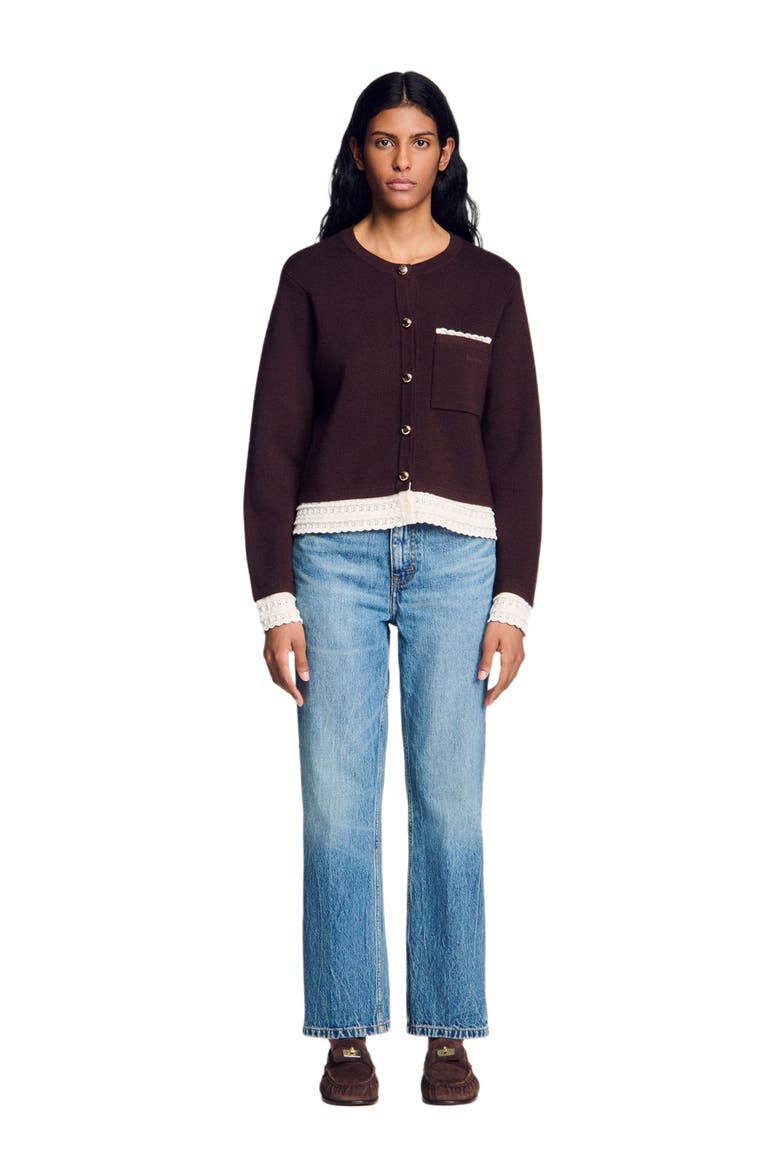 Cardigan with contrast lace, Alternate, color, Brown