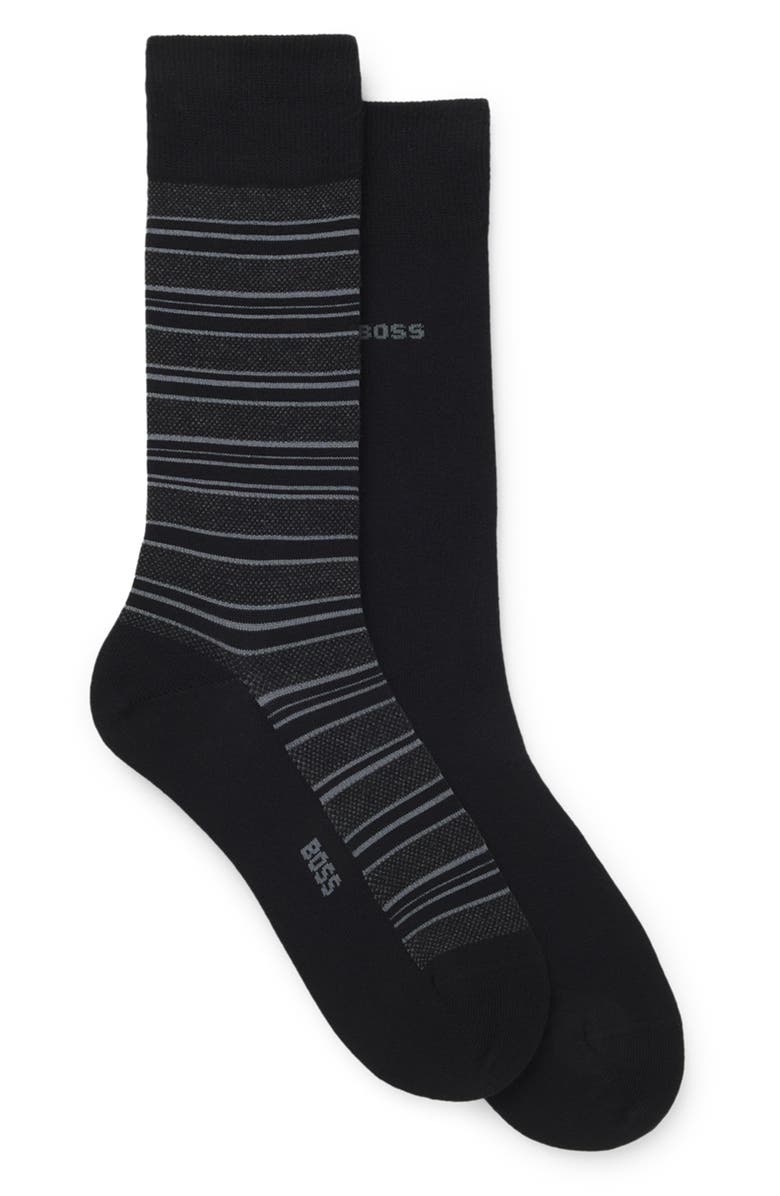 BOSS Assorted 2-Pack Solid & Stripe Cotton Blend Dress Socks, Main, color, Black