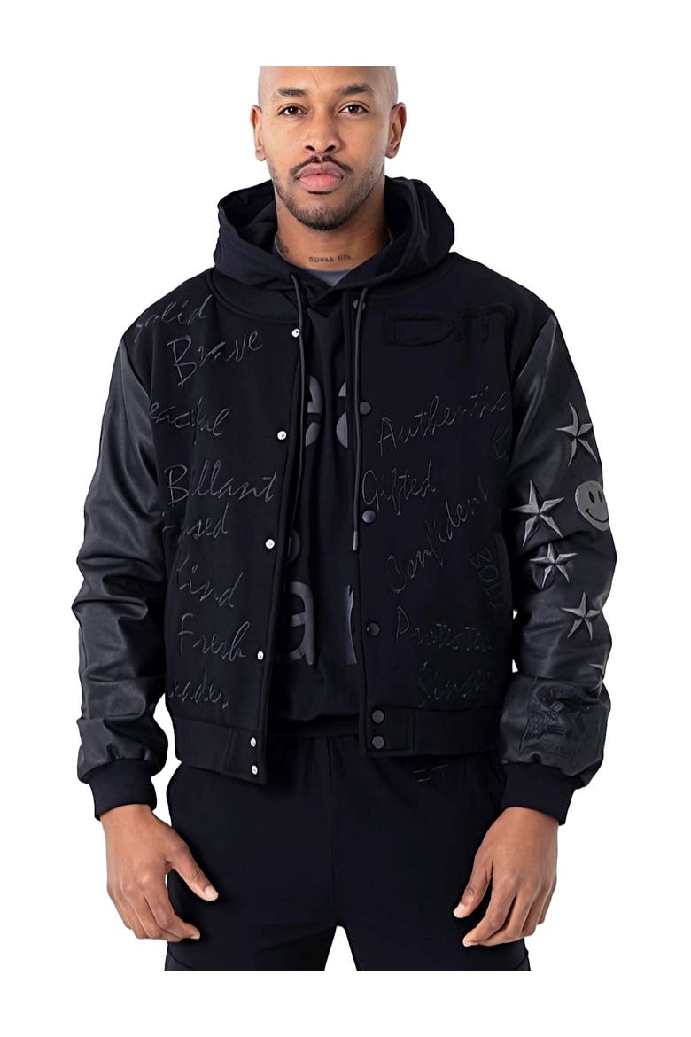 Men's Affirmation Letterman Jacket, Alternate, color, Black