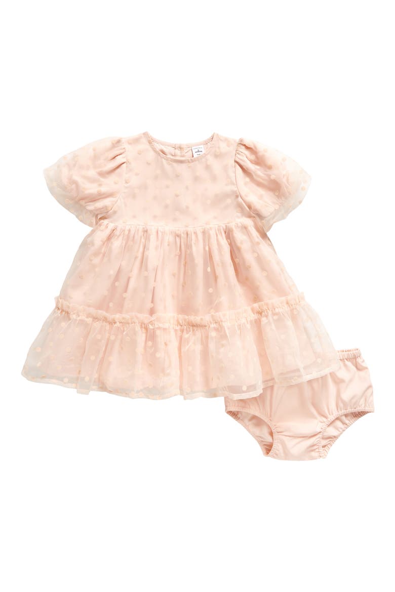 Polka Dot Puff Sleeve Tiered Party Dress & Bloomers Set, Main, color, PINK CHINTZ DUCK DOT