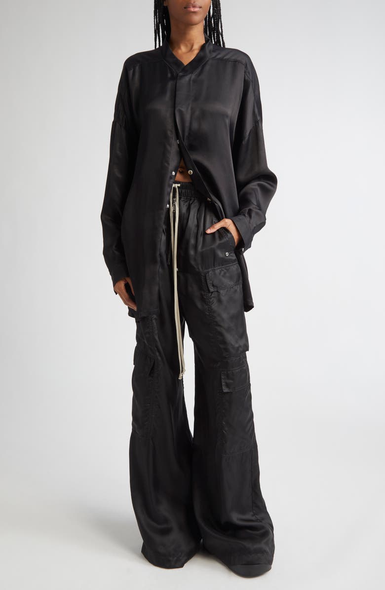 Rick Owens Long Sleeve Belted Satin Minidress, Alternate, color, Black