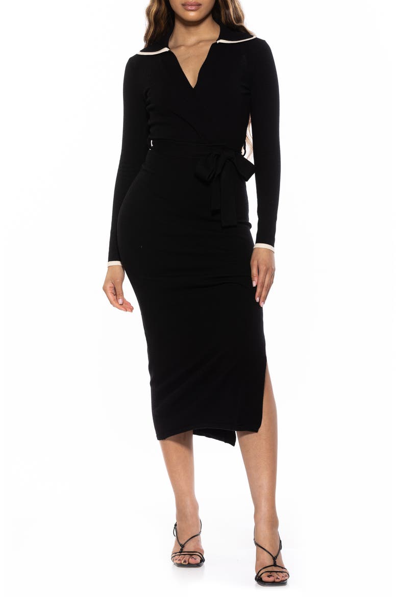 Tatiana Johnny Collar Knit Midi Dress, Main, color, BLACK