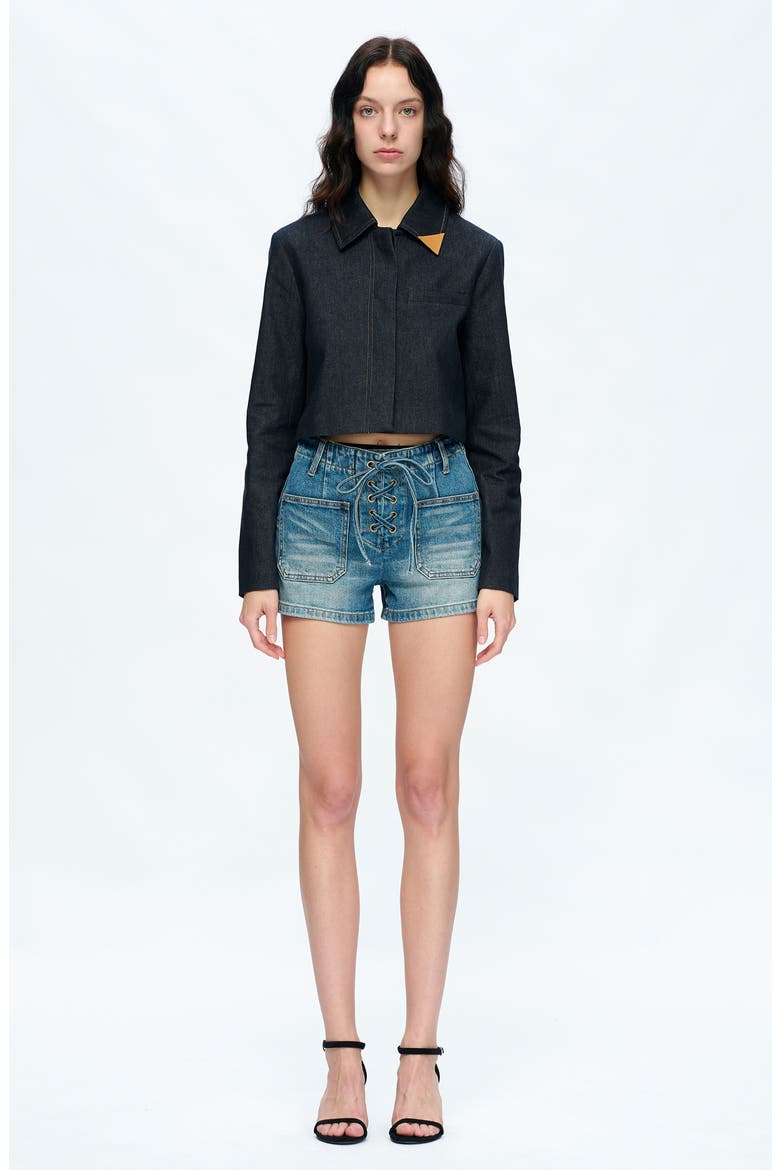 Maya Lace-Up High Waist Denim Shorts, Alternate, color, TURQUIOSE